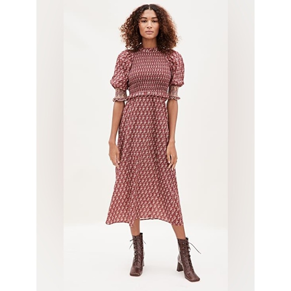 Sea NY Beaux Ruffled Shirred Floral Cotton Midi Dress Burgundy Size 8 - Picture 6 of 6